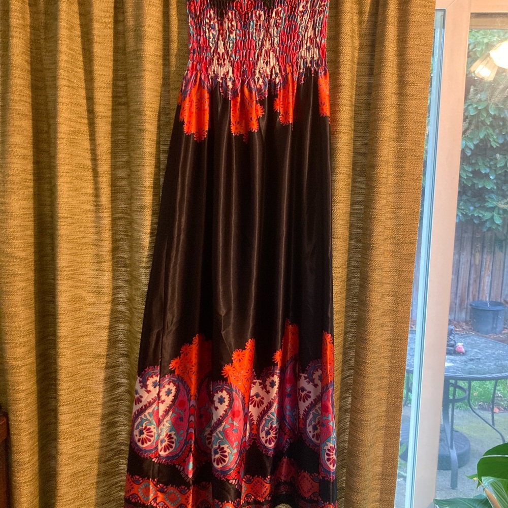 Strapless Black Maxi Dress with Red & Purple Paisley Print